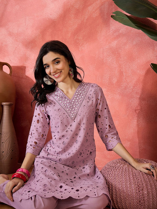 Dhiyona SN Women's Geometric Embroidered Mirror Work Pure Cotton Straight Kurta With Trousers