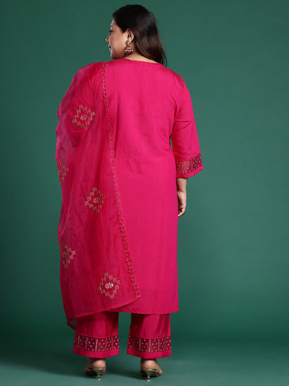 Plus Size Ethnic Motifs Embroidered Mirror Work Kurta Set