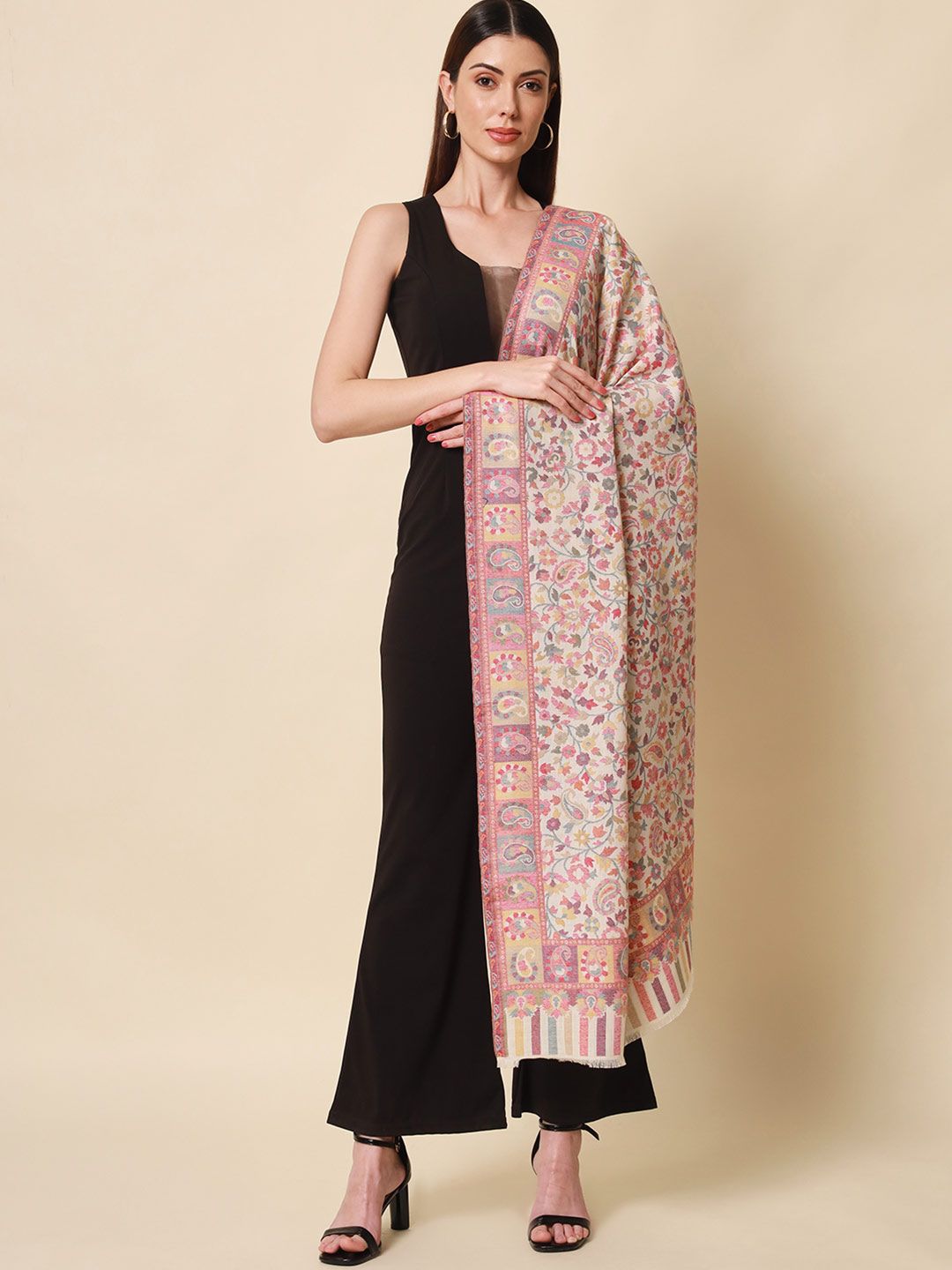 Dhiyona PA Women White & Pink Woven-Design Shawl