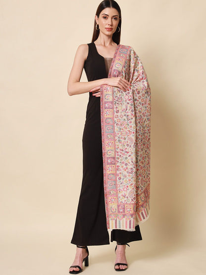 Dhiyona PA Women White & Pink Woven-Design Shawl