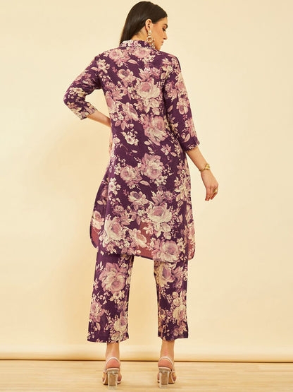 Dhiyona SO Women's Floral Printed High-Low Regular Kurta with Trousers
