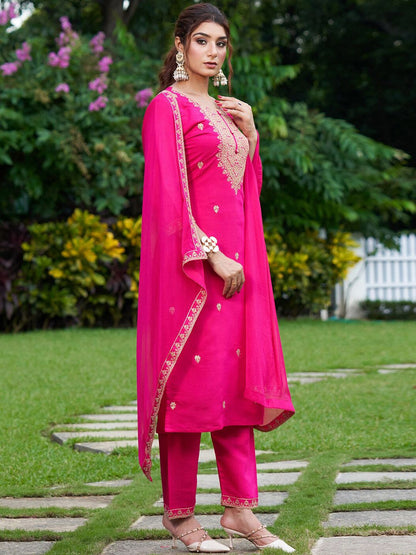 Dhiyona IE Floral Embroidered Thread Work Kurta with Trousers & Dupatta