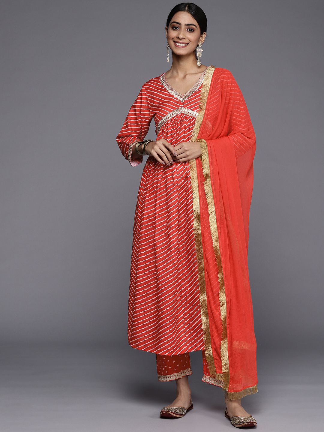Dhiyona VA Women's Red Leheriya Embroidered Empire Kurta with Trousers & With Dupatta