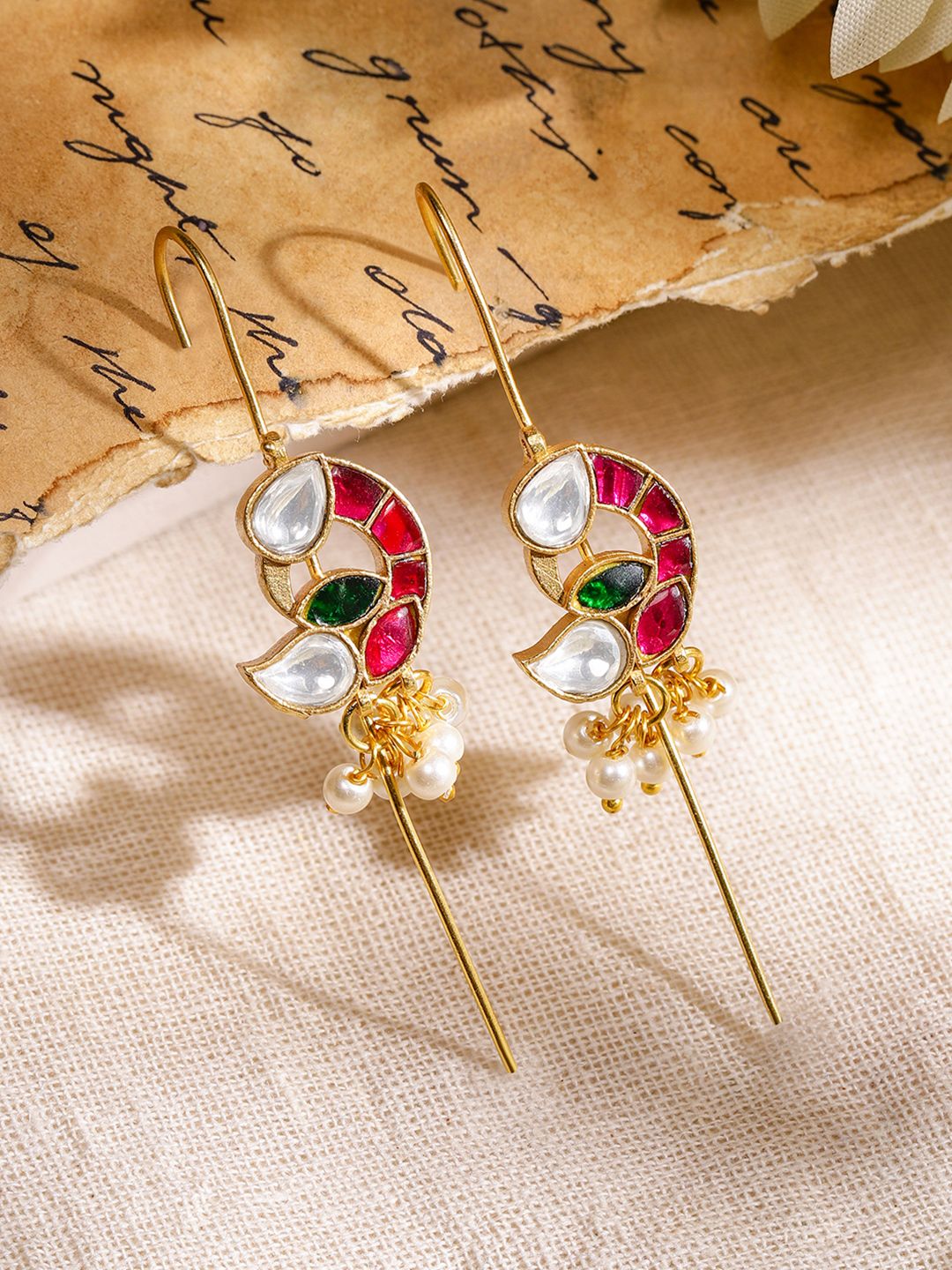 Dhiyona RJ Women's 22K Gold-Plated Ruby Pink, Emerald Green & White Kundan Studded Ear Cuff