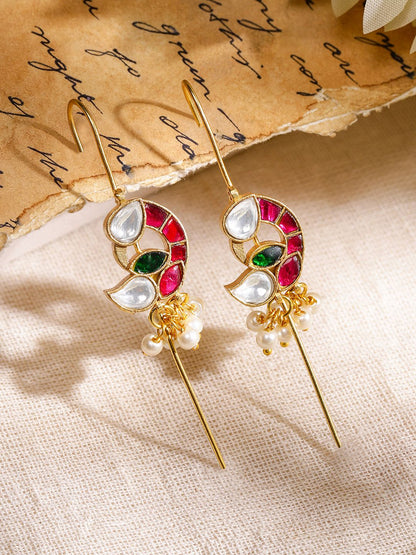 Dhiyona RJ Women's 22K Gold-Plated Ruby Pink, Emerald Green & White Kundan Studded Ear Cuff