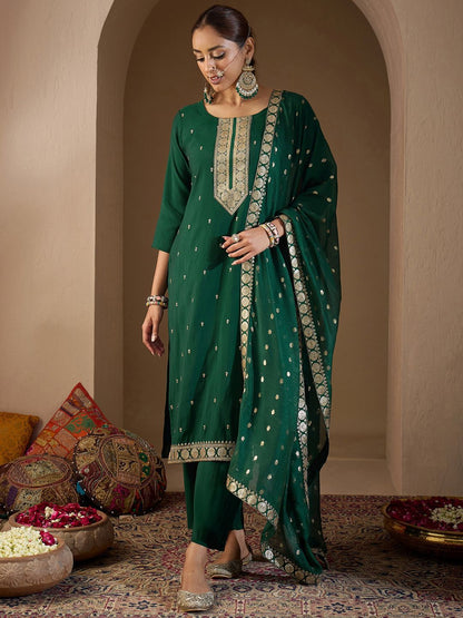 Dhiyona IE Women Ethnic Motifs Embroidered Regular Sequinned Kurta with Trousers & With Dupatta