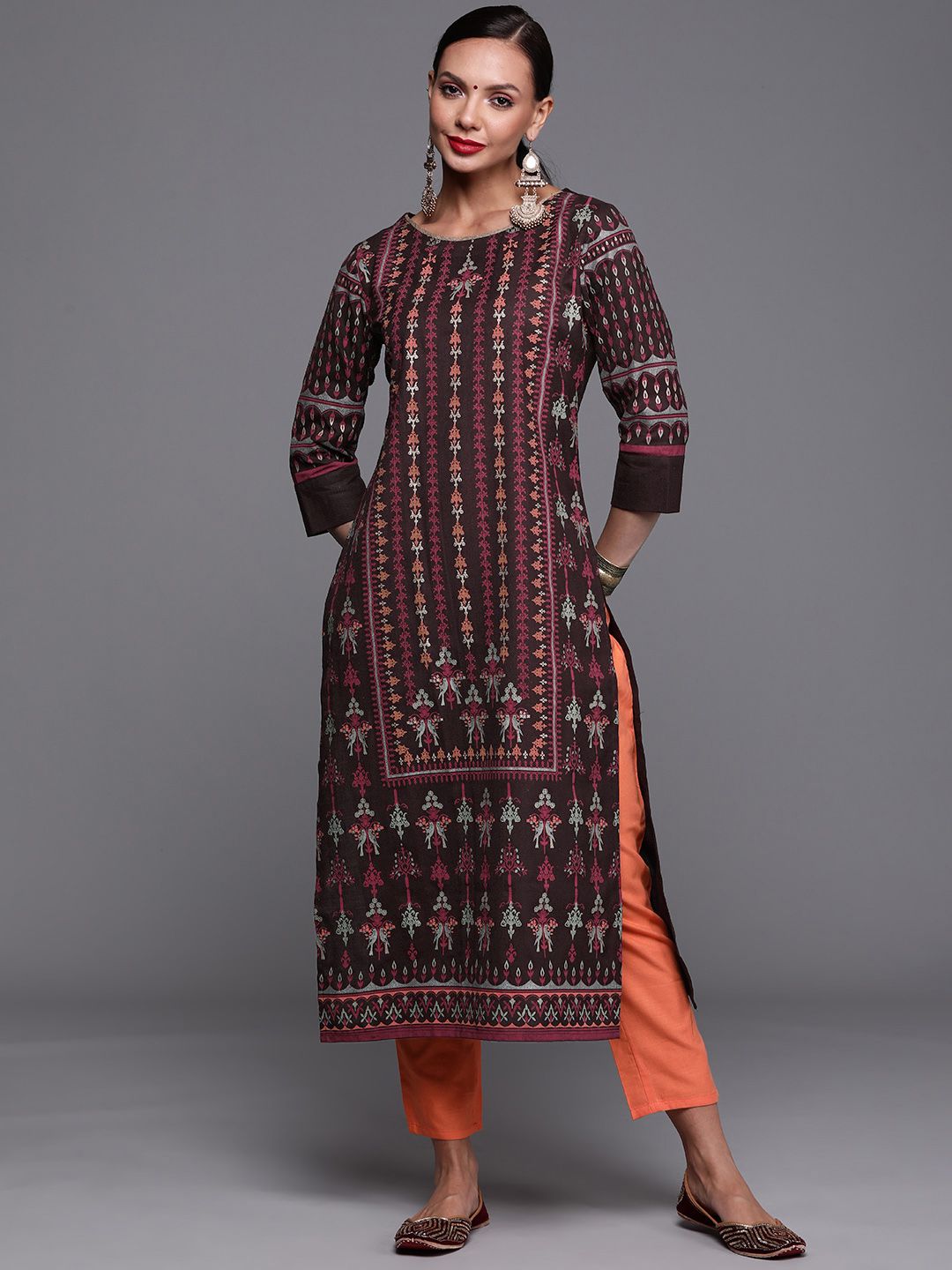 Dhiyona IE Women Coffee Brown & Orange Ethnic Motifs Printed Floral Kurta