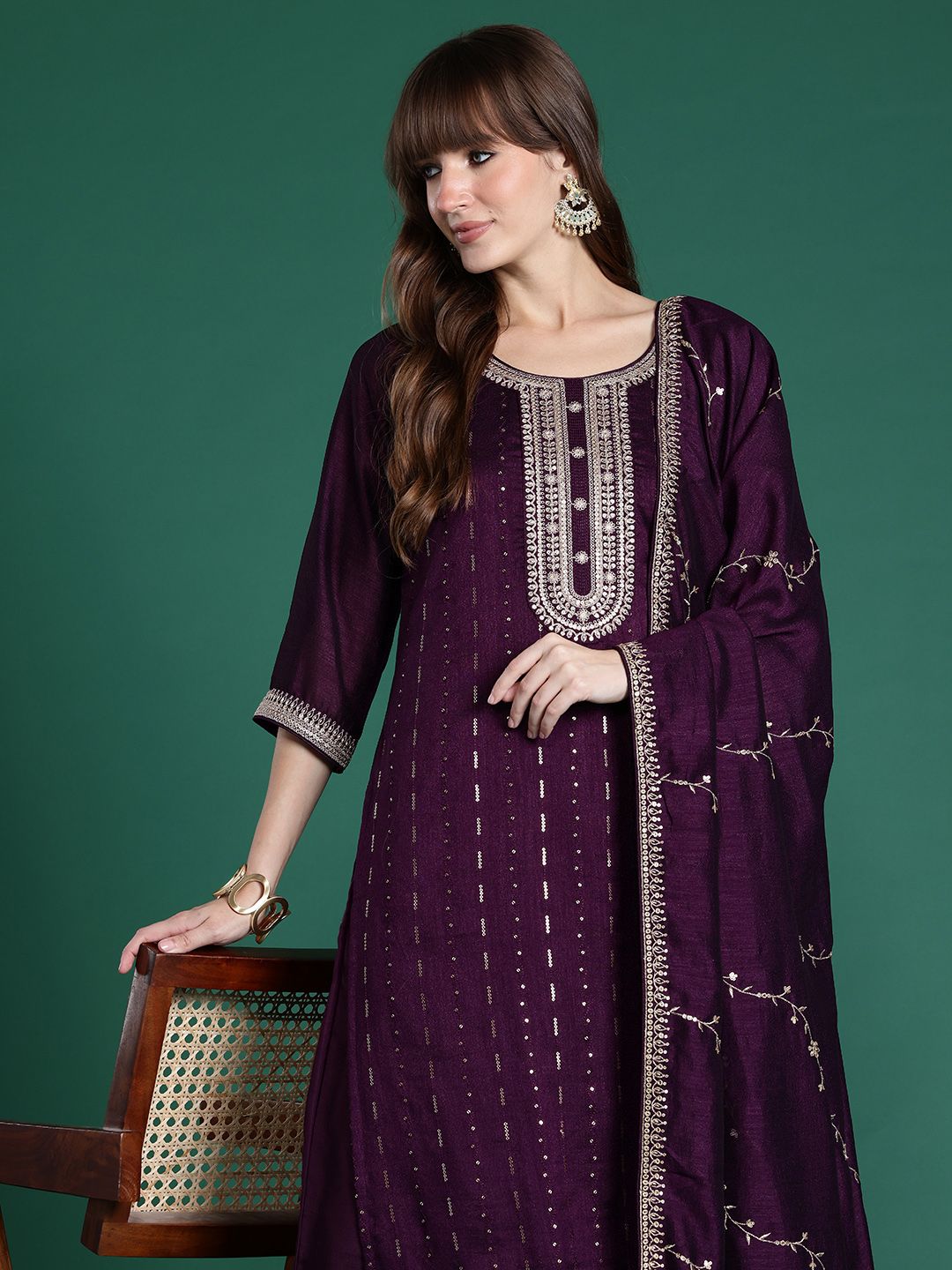 Ethnic Motifs Embroidered Sequinned Kurta with Trousers & Dupatta