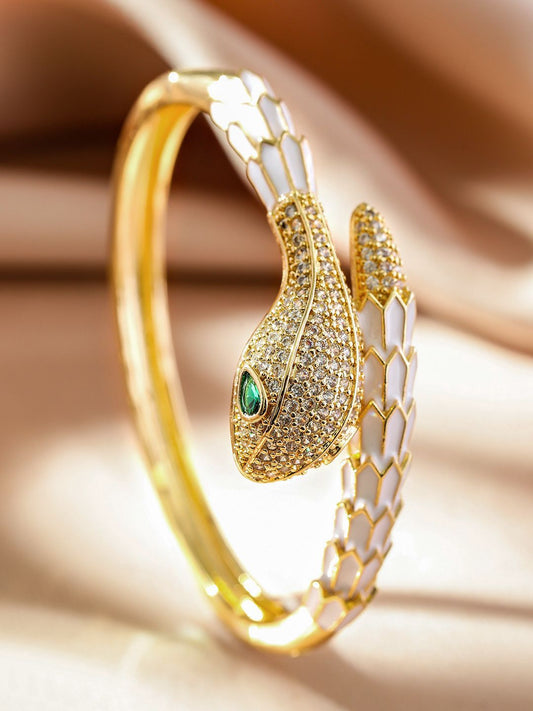Dhiyona RJ Women's 22K Gold-Plated Zirconia Snake Motif Bracelet with Enamel Details & Emerald Accents