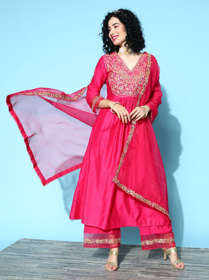 Dhiyona IE Women Fuchsia Ethnic Motifs Embroidered Kurta with Palazzos & With Dupatta