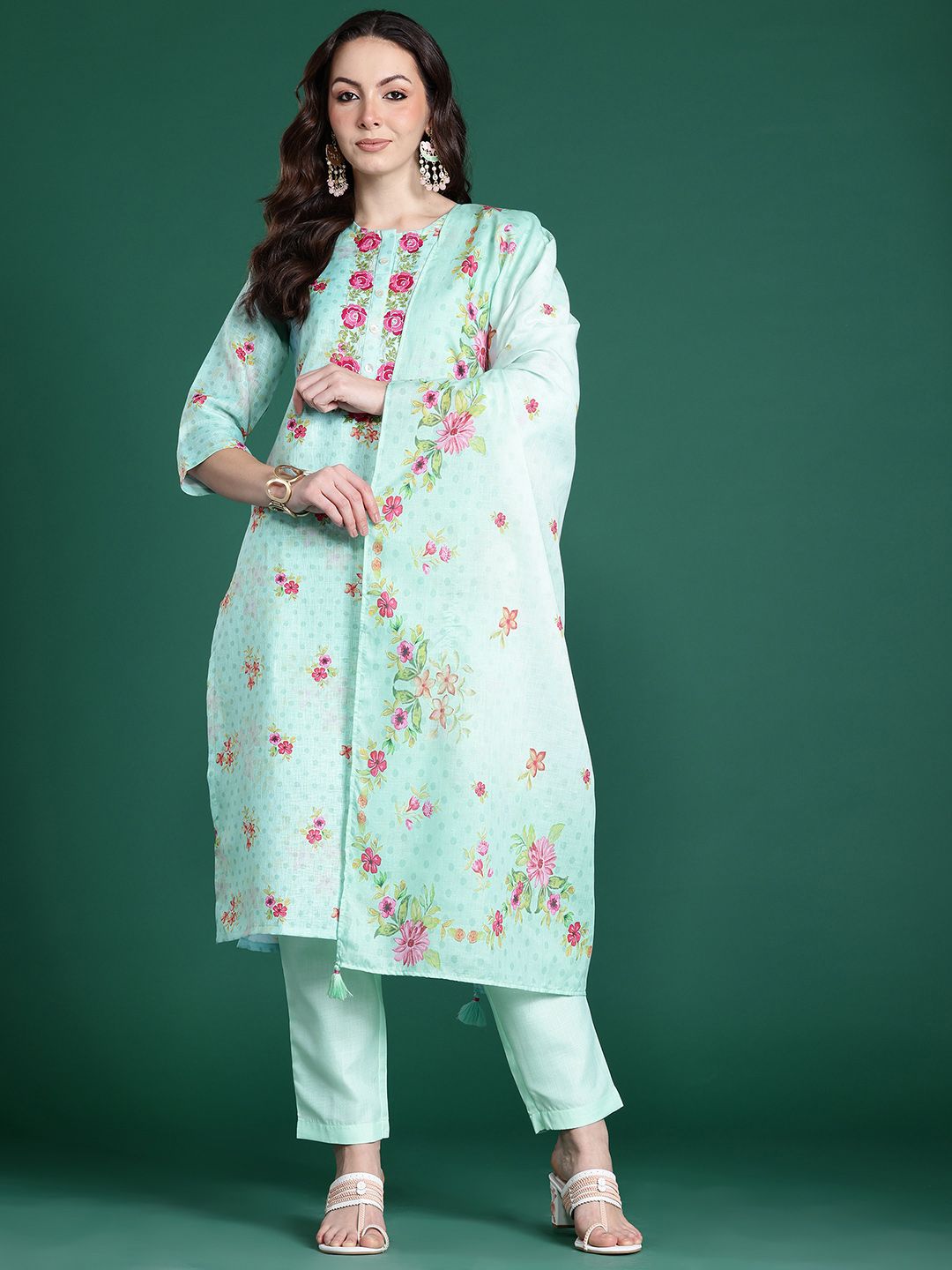 Dhiyona IE Floral Embroidered Thread Work Linen Kurta with Trousers & With Dupatta