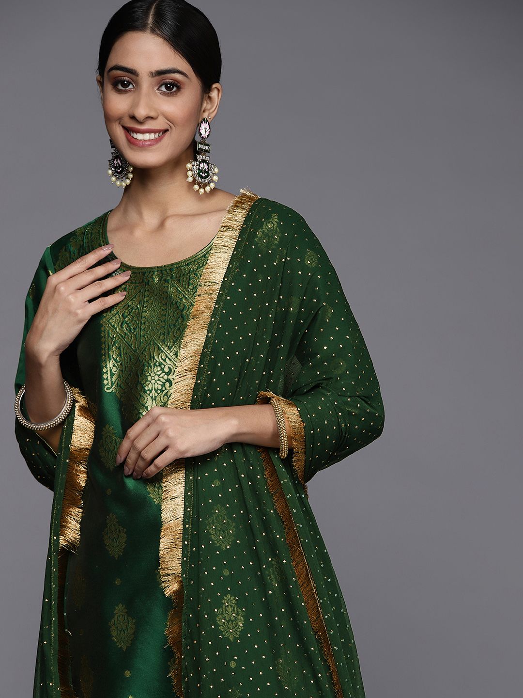 Dhiyona VA Women's Green Ethnic Motifs Yoke Design Kurta with Trousers & With Dupatta
