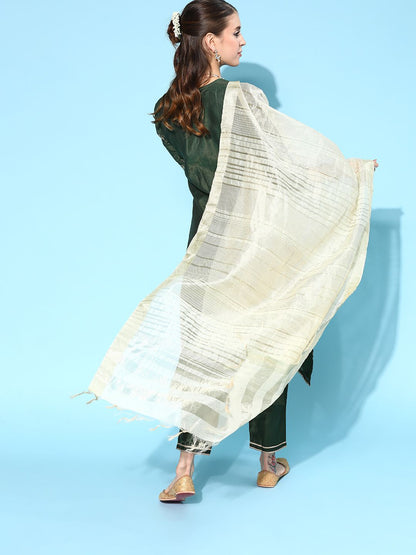 Dhiyona IE Women Green Floral Printed Regular Chanderi Silk Kurta with Sharara & With Dupatta