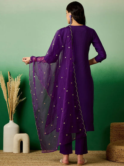 Dhiyona SN Women's Purple Floral Embroidered V-Neck Sequinned Straight Kurta With Trouser & Dupatta