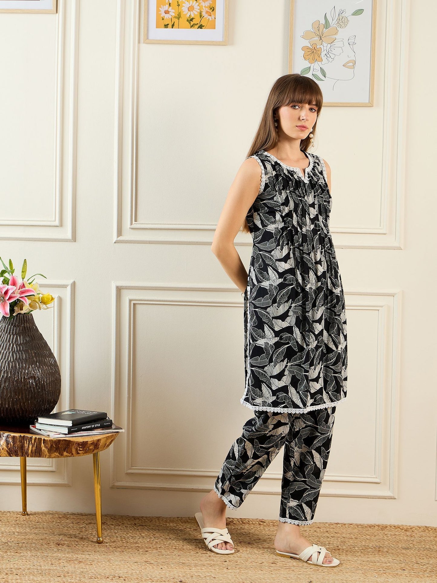 Floral Printed Notch Neck Pure Cotton A-Line Kurta With Trouser