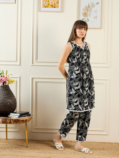 Floral Printed Notch Neck Pure Cotton A-Line Kurta With Trouser