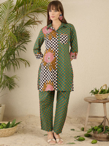 Dhiyona IE Printed Pure Cotton Straight Tunic & Trousers Co-Ord Set