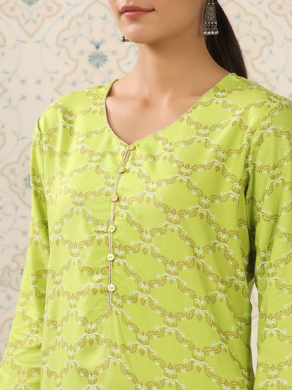 Dhiyona OD  Lime Green & Beige Printed V Neck Kurta With Palazzos