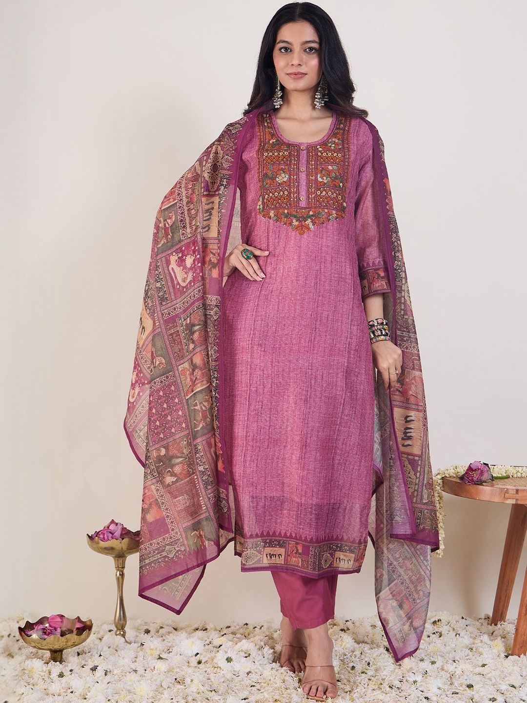 Embroidered Round Neck Thread Work Chanderi Cotton Kurta With Trousers & Dupatta