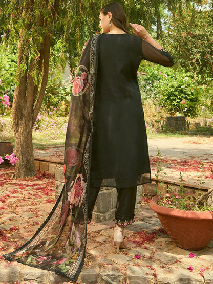 Dhiyona IE Floral Embroidered Organza Straight Kurta With Trousers & Dupatta