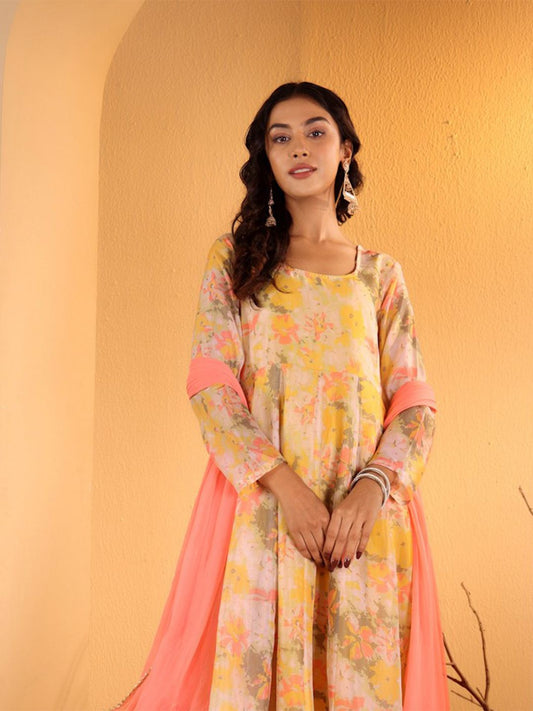 Dhiyona VA Women'sYellow Floral Printed Square Neck Kurta With Trousers & Dupatta