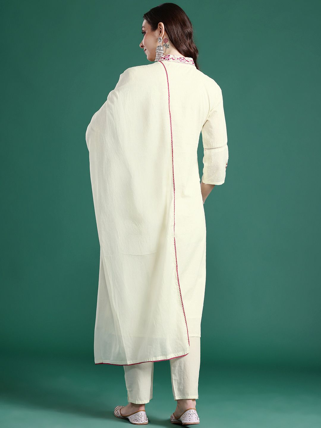 Floral Embroidered Pure Cotton Kurta with Trousers & Dupatta