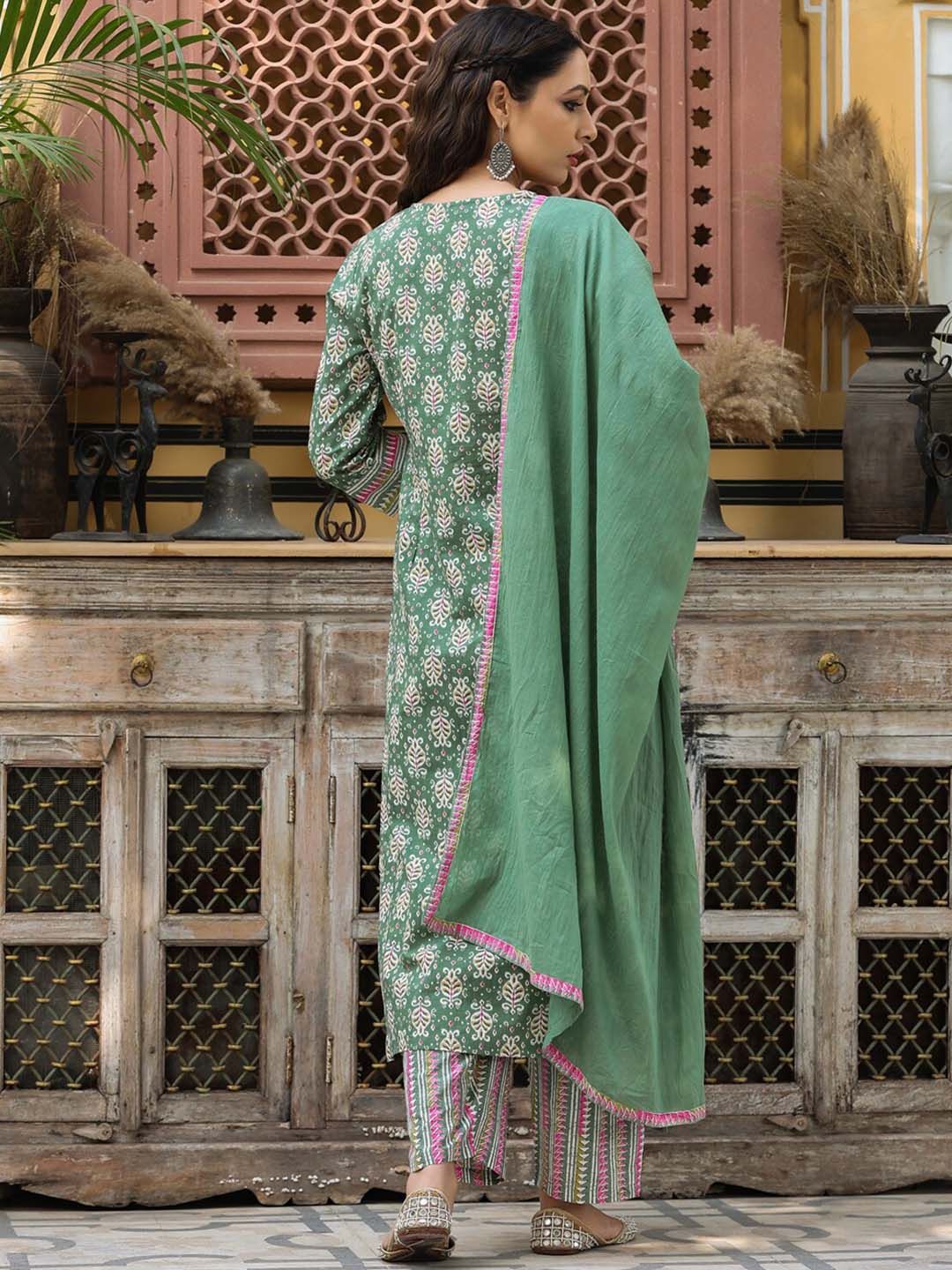 Dhiyona RR Women's Ethnic Motifs Printed Pure Cotton Kurta With Trousers & Dupatta