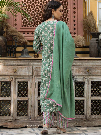 Dhiyona RR Women's Ethnic Motifs Printed Pure Cotton Kurta With Trousers & Dupatta