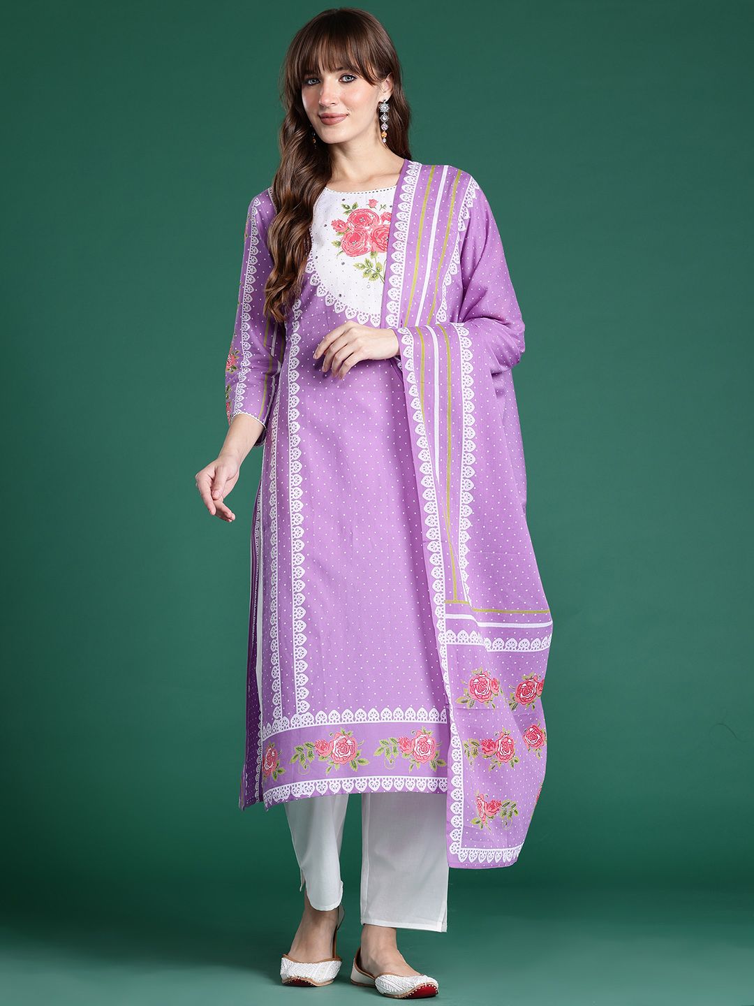 Dhiyona IE Floral Printed Regular Pure Cotton Kurta with Trousers & Dupatta