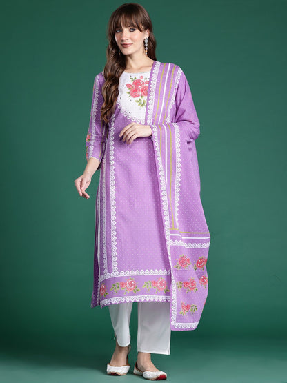 Dhiyona IE Floral Printed Regular Pure Cotton Kurta with Trousers & Dupatta