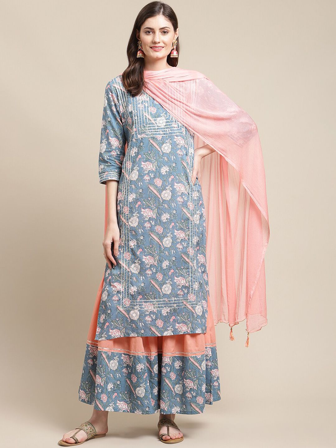 Dhiyona VA Women's Blue Floral Printed Gotta Patti Kurta with Sharara & With Dupatta