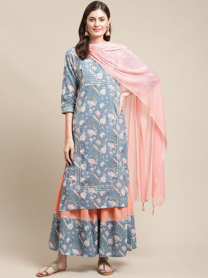 Dhiyona VA Women's Blue Floral Printed Gotta Patti Kurta with Sharara & With Dupatta