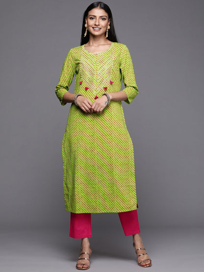 Dhiyona VA Women's Green Leheriya Embroidered Pure Cotton Kurta with Trousers