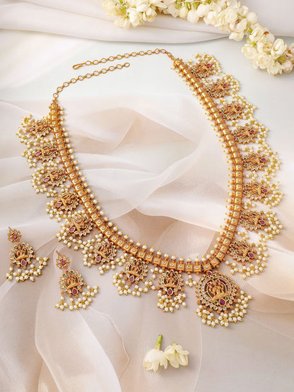 Dhiyona RJ Women's 24K Gold-Plated Divine Lakshmi Temple Necklace Set with Ruby Stones & Pearls