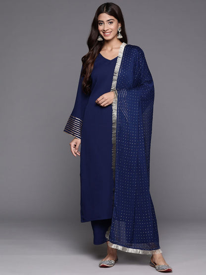 Dhiyona VA Women'sNavy Blue V Neck Flared sleeves Kurta with trouser and dupatta