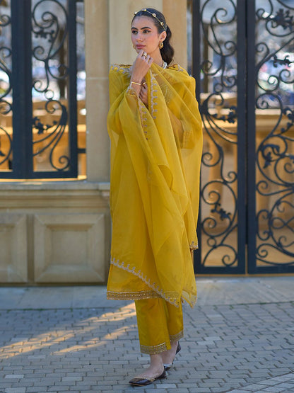 Dhiyona IE Ethnic Motifs Embroidered Regular Zari Kurta with Trousers & With Dupatta