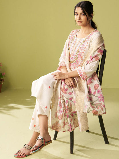 Dhiyona IE Women Ethnic Motifs Embroidered Regular Thread Work Kurta with Trousers & Dupatta