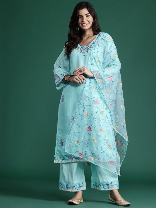 Dhiyona IE Floral Embroidered Thread Work Kurta with Trousers & With Dupatta