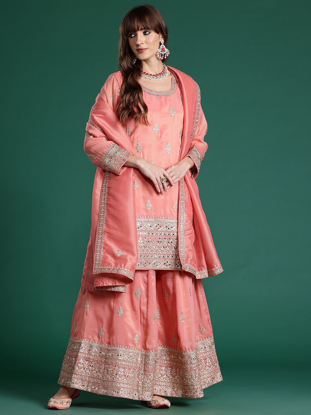 Ethnic Motifs Embroidered Sequinned Kurta with Palazzos & With Dupatta