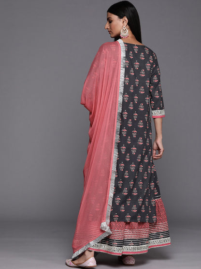 Dhiyona VA Women's Grey Ethnic Motifs Printed Gotta Patti Kurta with Sharara & With Dupatta