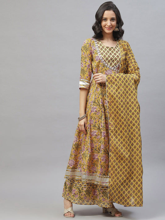 Dhiyona KL Floral Printed Regular Gotta Patti Pure Cotton Kurta with Palazzos & Dupatta