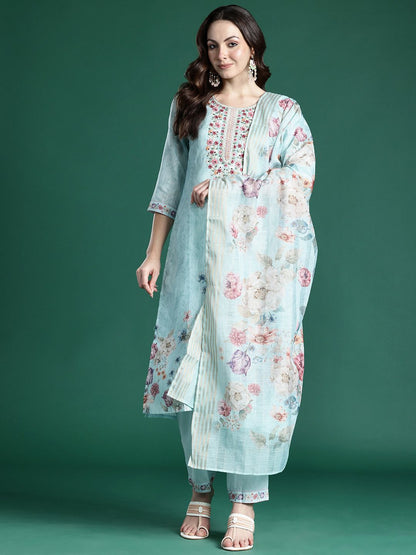 Floral Embroidered Linen Kurta with Trousers & With Dupatta