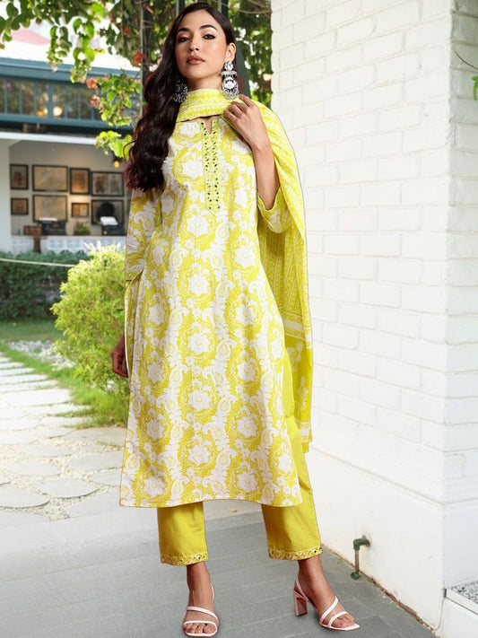 Women Ethnic Motifs Printed Regular Thread Work Pure Cotton Kurta with Trousers & With Dupatta