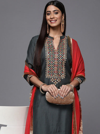 Dhiyona VA Women'sEthnic Motifs Embroidered Sequinned Kurta with Trousers & Dupatta