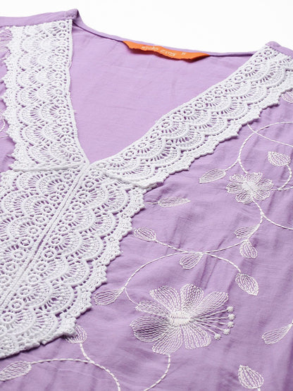 Dhiyona IE Floral Embroidered Thread Work Pure Cotton Kurta With Trousers & Dupatta