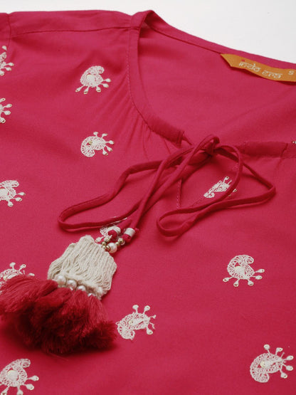 Dhiyona IE Women Pink Paisley Embroidered Pleated Kurta with Trousers & Dupatta