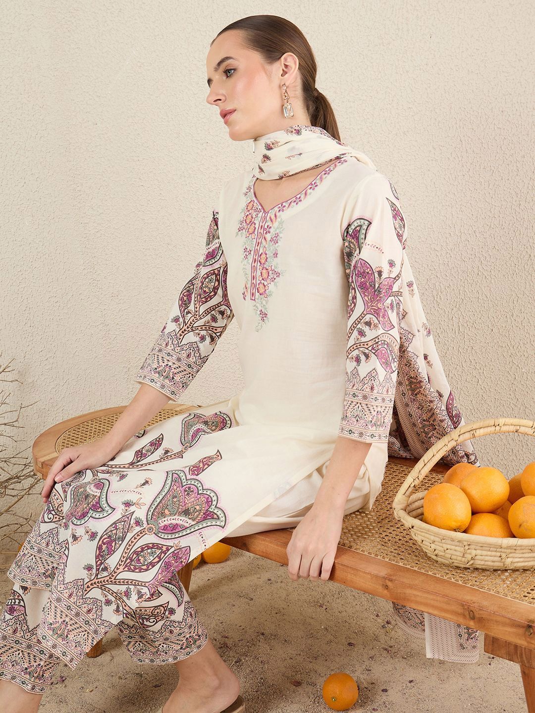 Women Floral Printed Cotton Kurta with Trousers & Dupatta