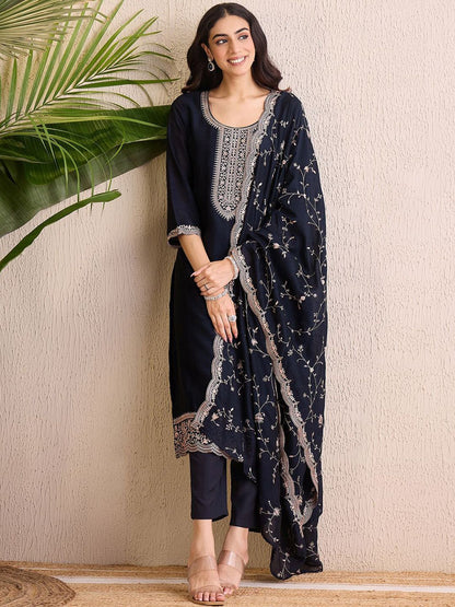 Dhiyona IE Women Ethnic Motifs Embroidered Regular Sequinned Kurta with Trousers & With Dupatta