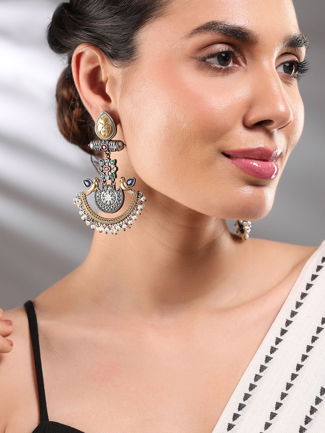 Dhiyona RJ Women's Dual-Tone Oxidised Silver & Gold Plated Bird Motif Chandbali with Pearl Beaded Drop