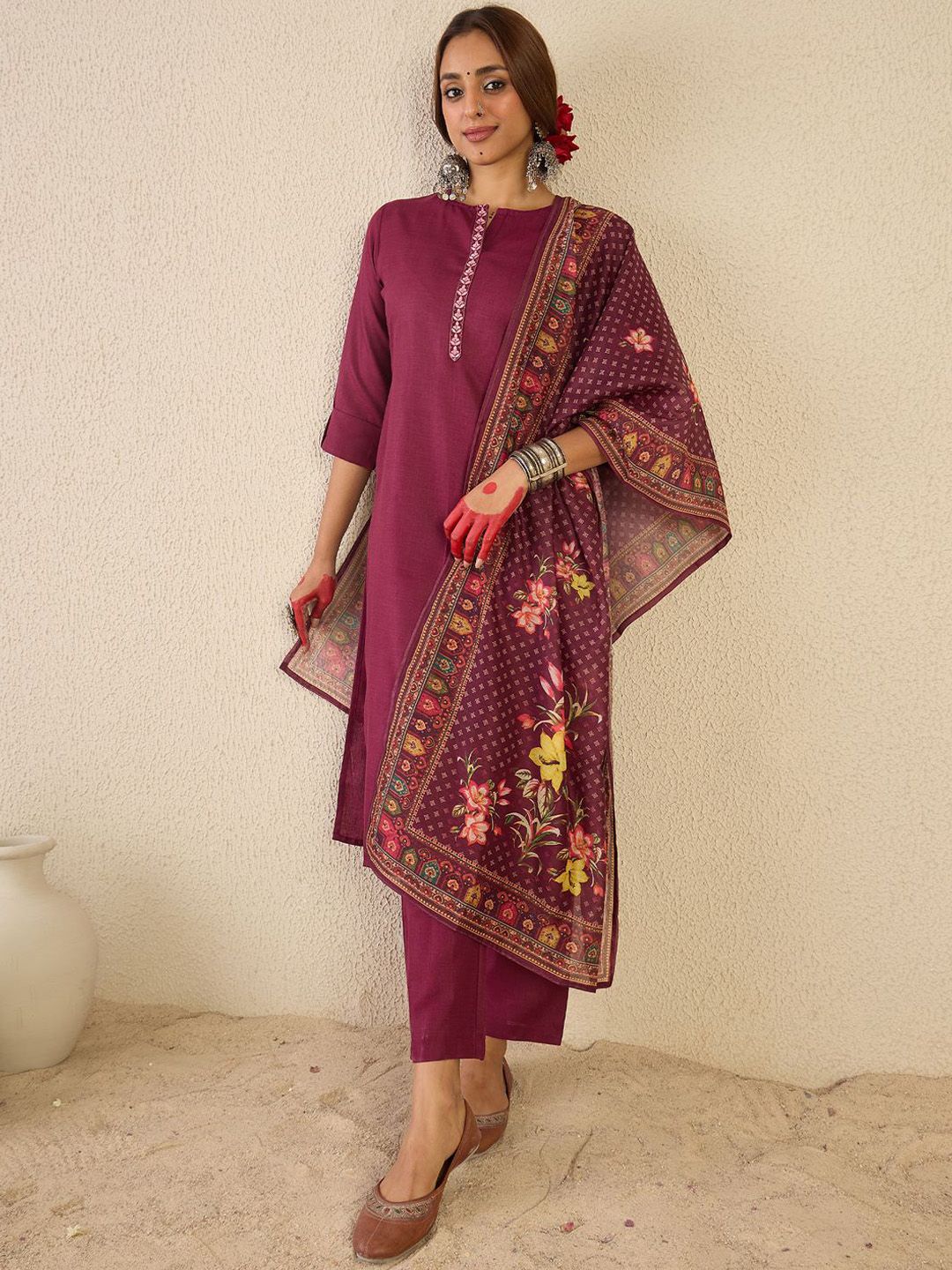 Women Ethnic Motifs Embroidered Regular Kurta with Trousers & Printed Dupatta